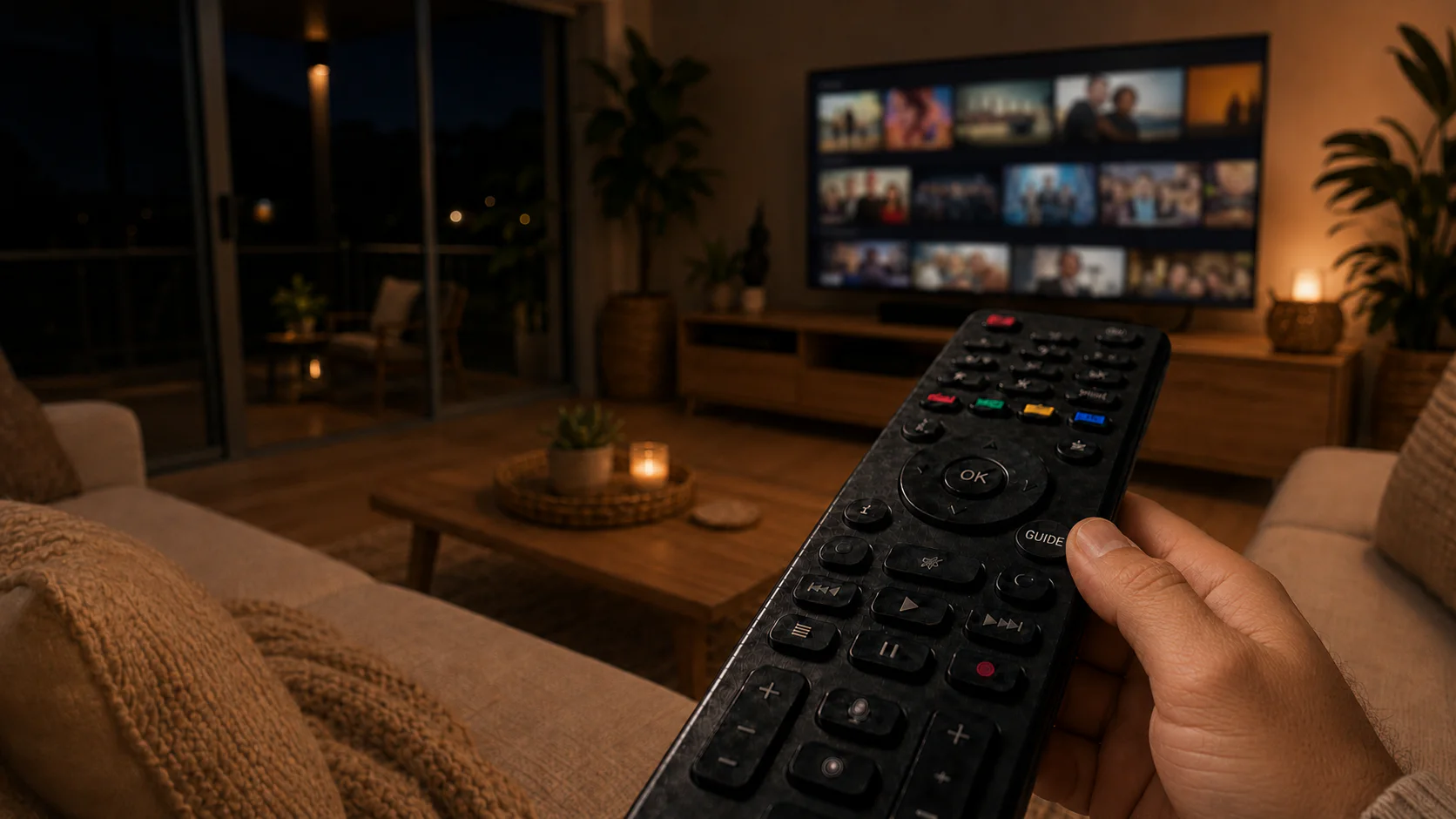 A hand aiming a TV remote at a large flat-screen displaying a streaming app interface, in a warm, dimly lit lounge.