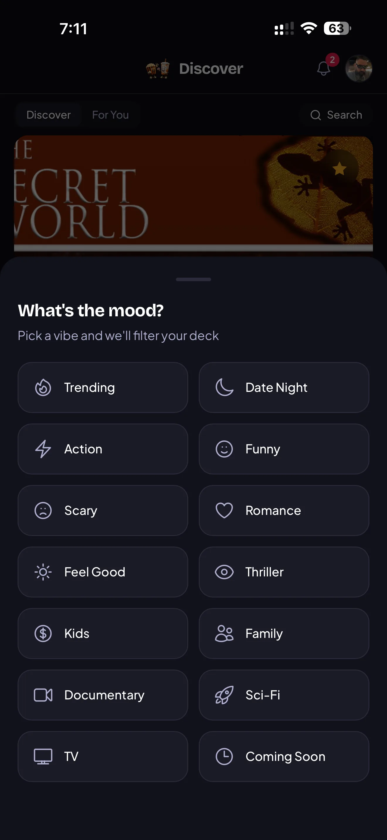 MatchWatch mood filter sheet with choices including Date Night, Funny and Family.