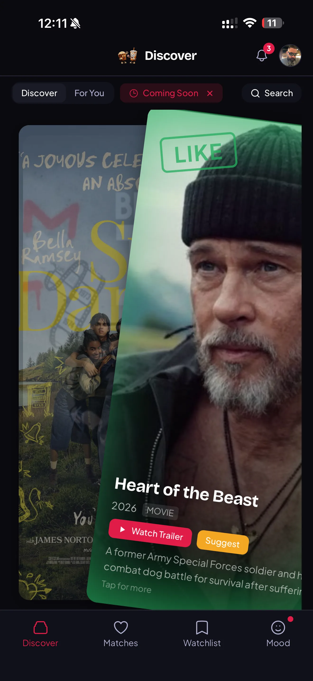 MatchWatch Discover screen with a movie card being liked.