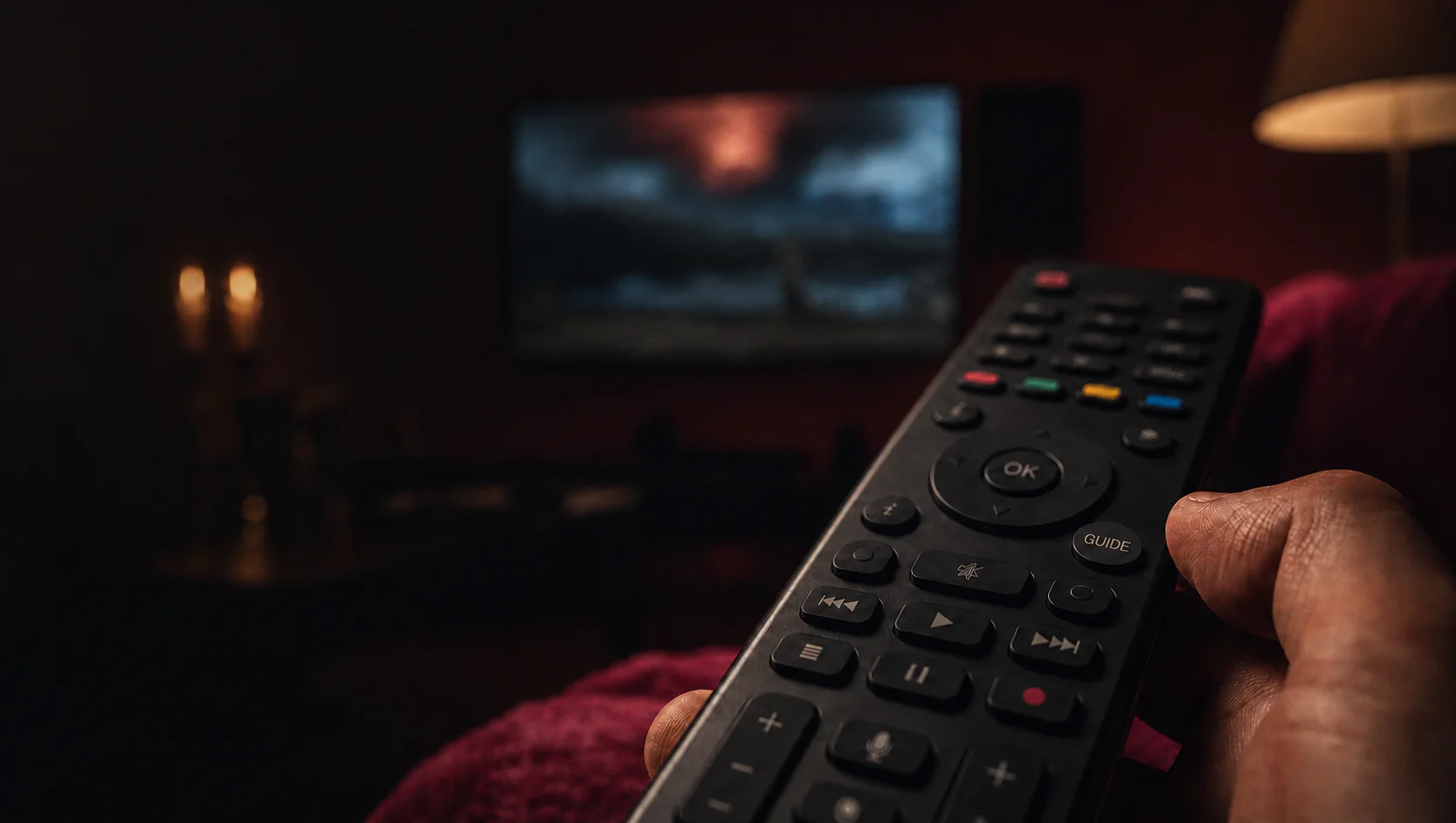 A hand holding a TV remote in a dimly lit lounge, mid movie night.