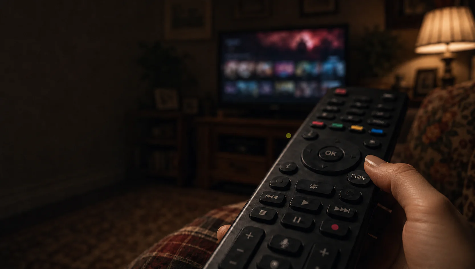 A hand aiming a large black TV remote towards a streaming service displayed on a television in a dim living room.