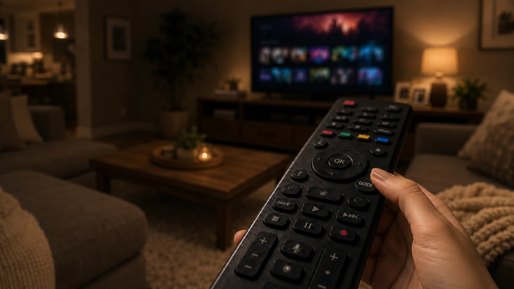 A hand holding a TV remote pointed at a streaming service grid in a warm, dimly lit living room.